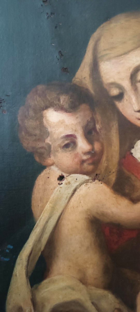 Antico dipinto olio su tela "Maria Vergine con bambino"-photo-3