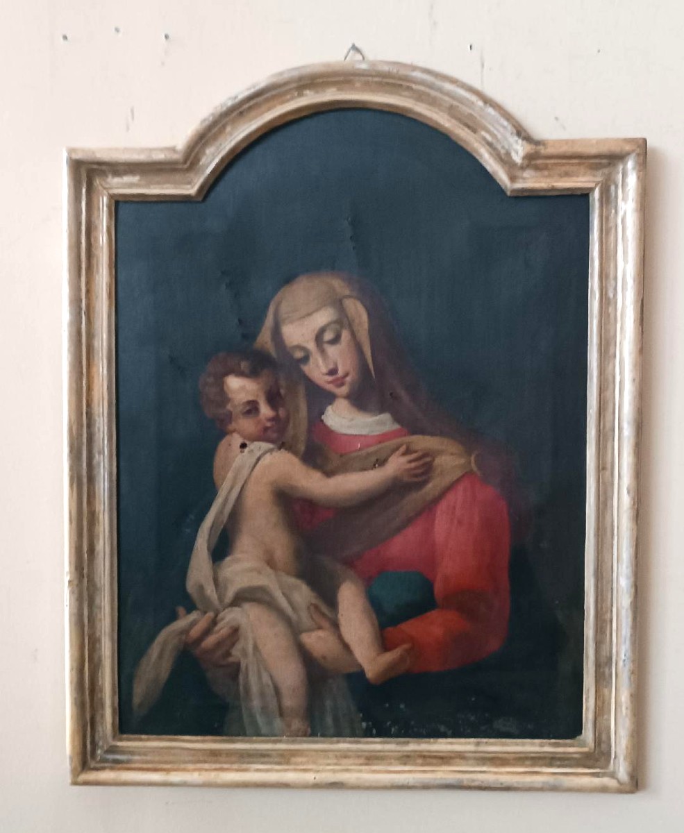 Antico dipinto olio su tela "Maria Vergine con bambino"