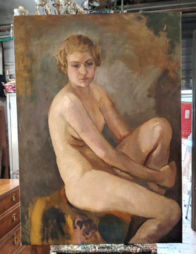 Olio su tela raffigurante nudo femminile , autore Armando Spadini (Florence 1883 - Rome 1995) -