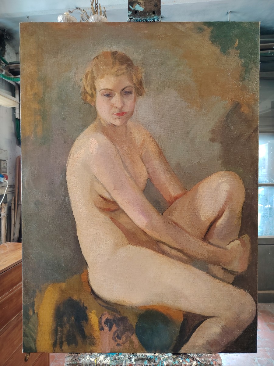 Olio su tela raffigurante nudo femminile , autore Armando Spadini (Florence 1883 - Rome 1995) -