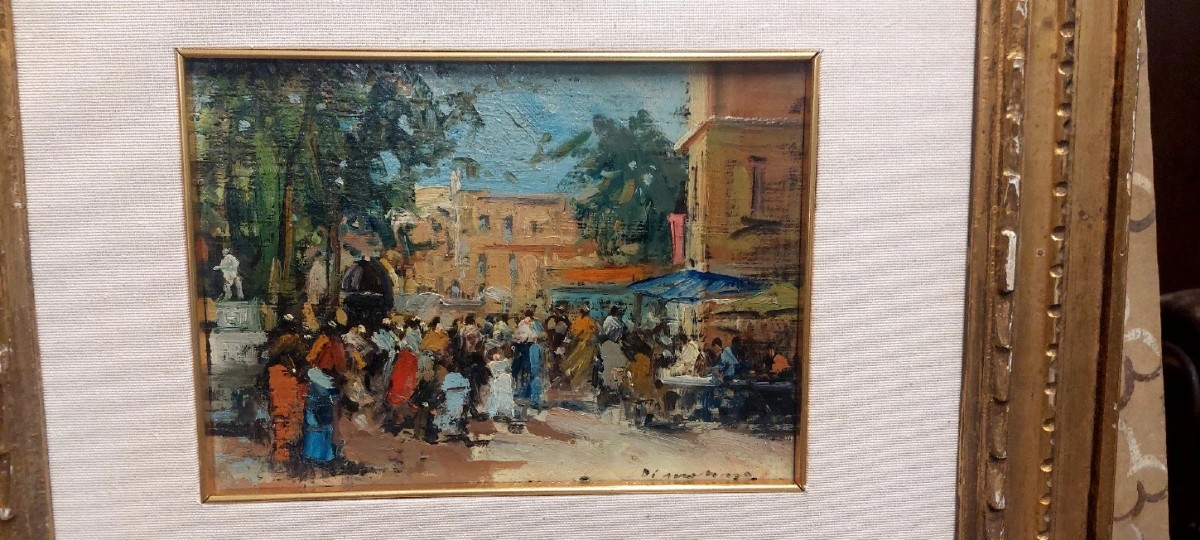 Francesco di Marino Napoli 1892/1954 Olio Su Tavola Scena Mercato-photo-4