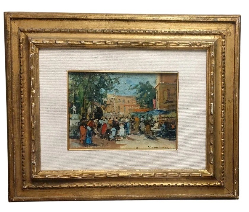 Francesco di Marino Napoli 1892/1954 Olio Su Tavola Scena Mercato