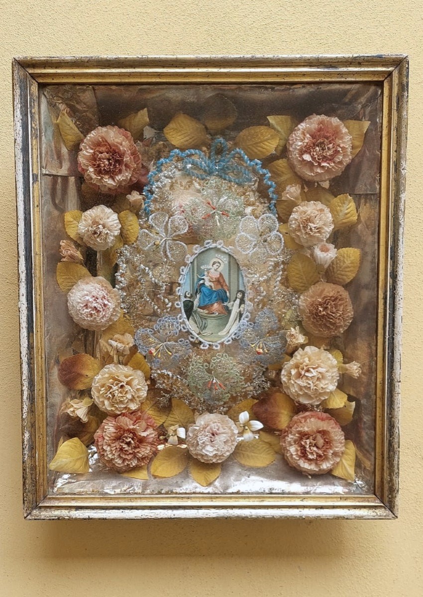  Teca  devozionale Madonna del Rosario XIX SECOLO 40x33 cm-photo-1