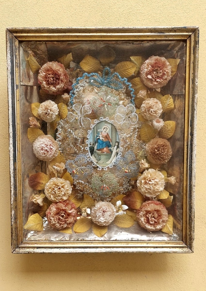  Teca  devozionale Madonna del Rosario XIX SECOLO 40x33 cm