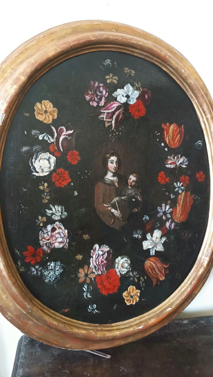 Dipinto olio su tela ,scuola italiana,Madonna con bambino su ghirlanda di fiori-XVII secolo-photo-3