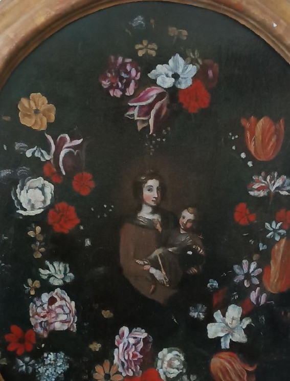 Dipinto olio su tela ,scuola italiana,Madonna con bambino su ghirlanda di fiori-XVII secolo-photo-1