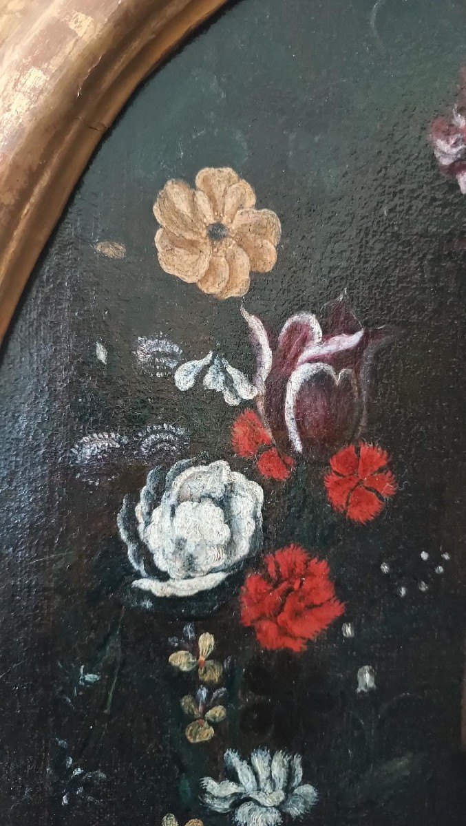 Dipinto olio su tela ,scuola italiana,Madonna con bambino su ghirlanda di fiori-XVII secolo-photo-2