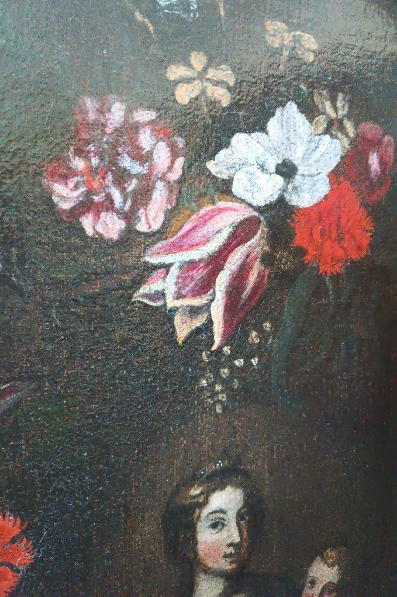 Dipinto olio su tela ,scuola italiana,Madonna con bambino su ghirlanda di fiori-XVII secolo-photo-3