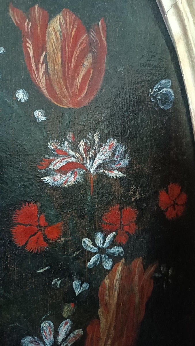 Dipinto olio su tela ,scuola italiana,Madonna con bambino su ghirlanda di fiori-XVII secolo-photo-4