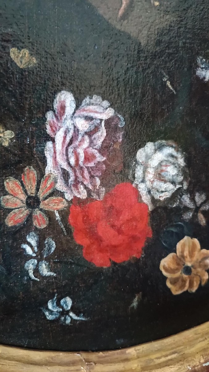 Dipinto olio su tela ,scuola italiana,Madonna con bambino su ghirlanda di fiori-XVII secolo-photo-5