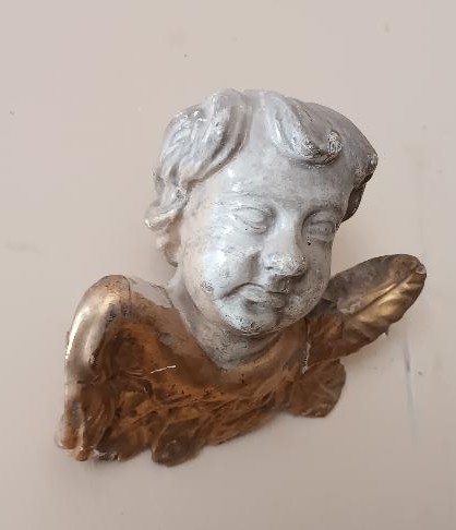 Antica testa di cherubino in legno laccato e dorato-photo-4