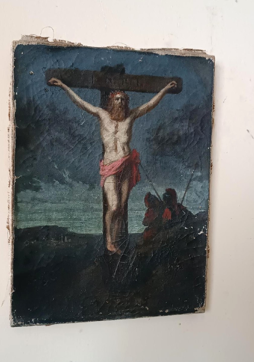 Antico olio su tela ,raffigurante crocifissione cristo XVIII secolo-photo-2