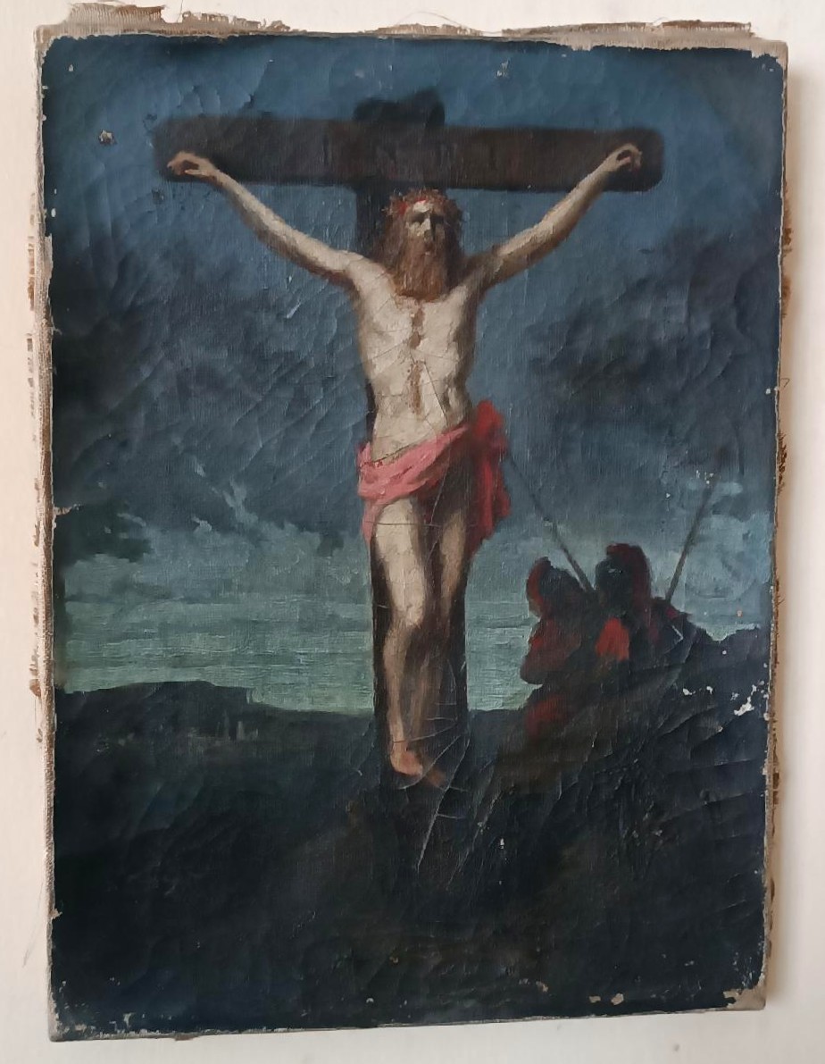Antico olio su tela ,raffigurante crocifissione cristo XVIII secolo-photo-3