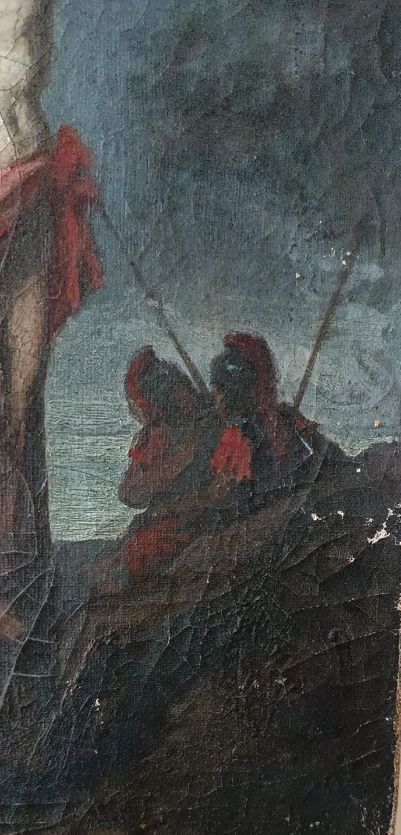 Antico olio su tela ,raffigurante crocifissione cristo XVIII secolo-photo-4