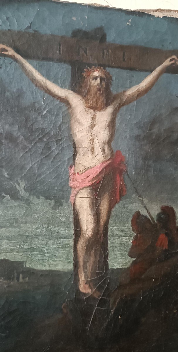 Antico olio su tela ,raffigurante crocifissione cristo XVIII secolo-photo-1