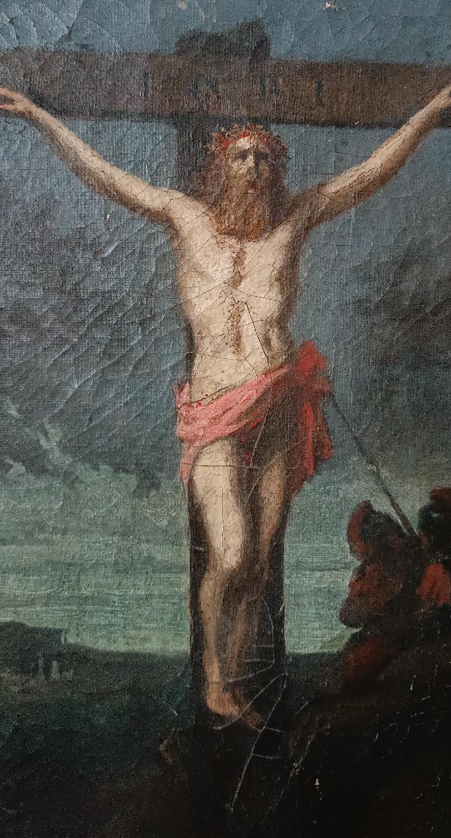 Antico olio su tela ,raffigurante crocifissione cristo XVIII secolo-photo-3