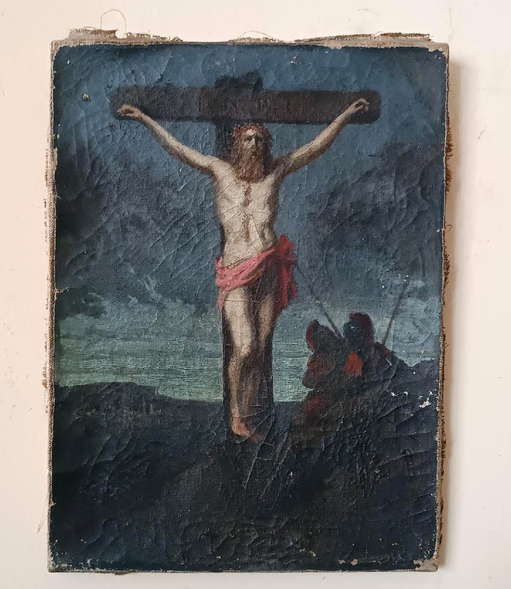 Antico olio su tela ,raffigurante crocifissione cristo XVIII secolo-photo-4