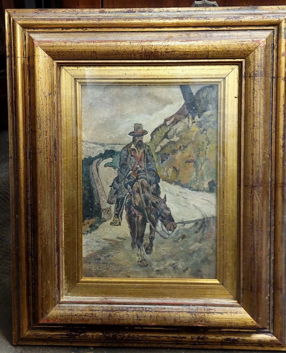 Antico Dipinto Olio  Uomo A Cavallo Pittura Post macchiaiola