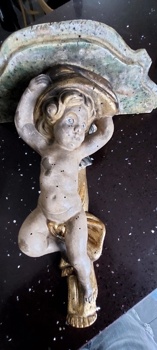 Coppia Mensole Legno Intagliate Con Angeli Laccati E Dorati Primi 900 Italia-photo-4