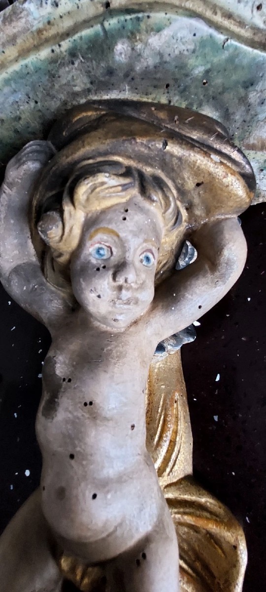 Coppia Mensole Legno Intagliate Con Angeli Laccati E Dorati Primi 900 Italia-photo-1