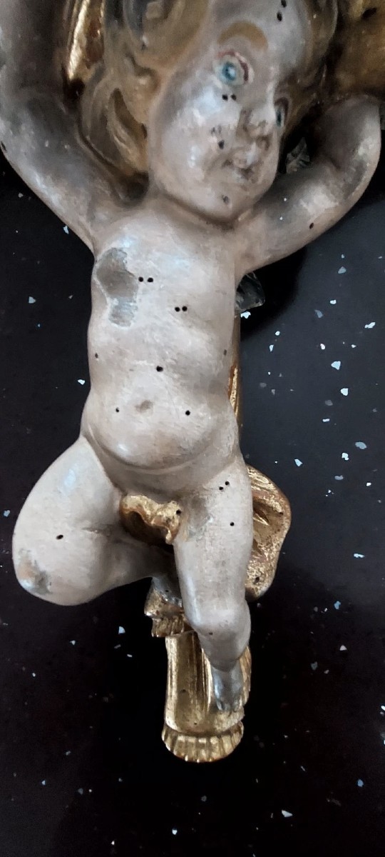 Coppia Mensole Legno Intagliate Con Angeli Laccati E Dorati Primi 900 Italia-photo-3