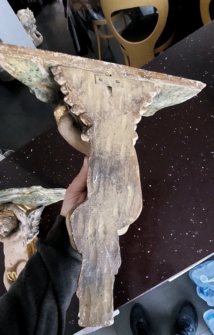 Coppia Mensole Legno Intagliate Con Angeli Laccati E Dorati Primi 900 Italia-photo-6