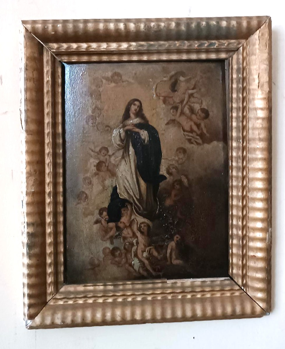 dipinto antico olio su tavola Immacolata XVIII secolo-photo-2