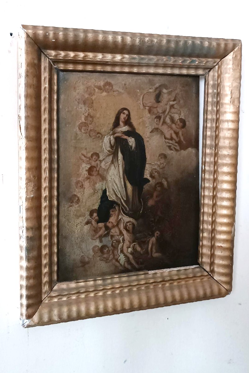 dipinto antico olio su tavola Immacolata XVIII secolo-photo-3