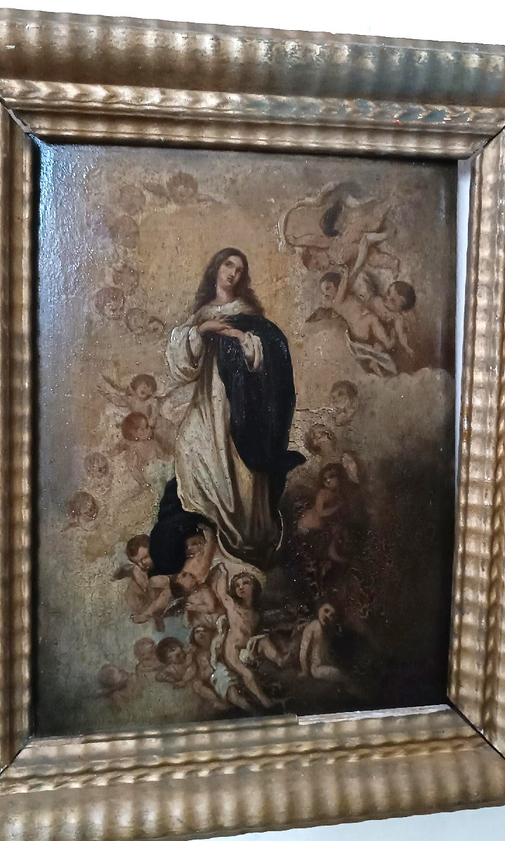 dipinto antico olio su tavola Immacolata XVIII secolo-photo-4