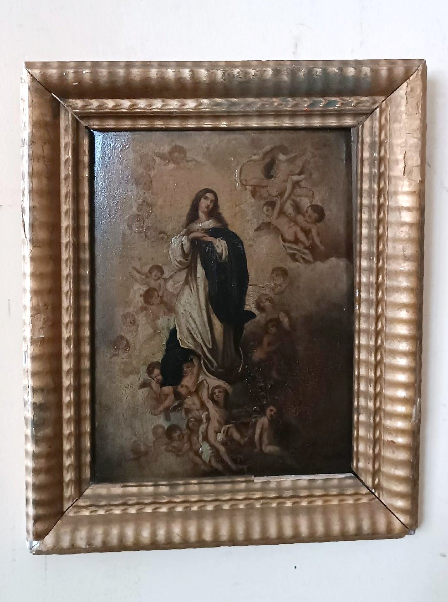 dipinto antico olio su tavola Immacolata XVIII secolo