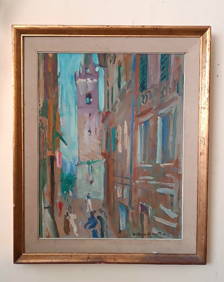 Dipinto olio su cartone , Vittorio Nomellini ( 1901 genova - 1965 firenze) ,scorcio di Lerici-photo-3