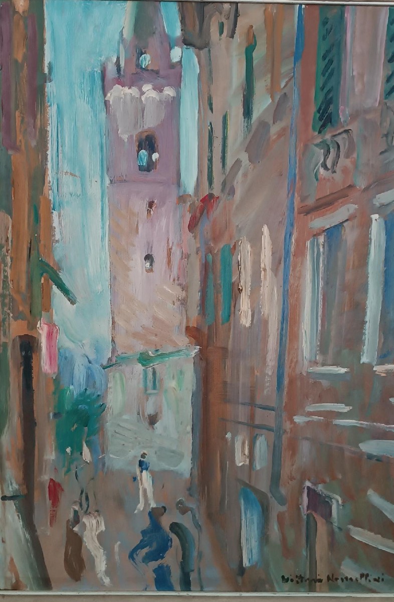 Dipinto olio su cartone , Vittorio Nomellini ( 1901 genova - 1965 firenze) ,scorcio di Lerici-photo-1