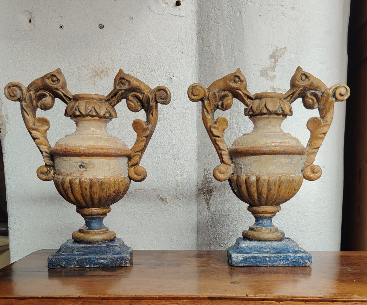 Coppia antiche portapalme barocche in legno  intagliato e laccato.  XVIII secolo. Italia-photo-2