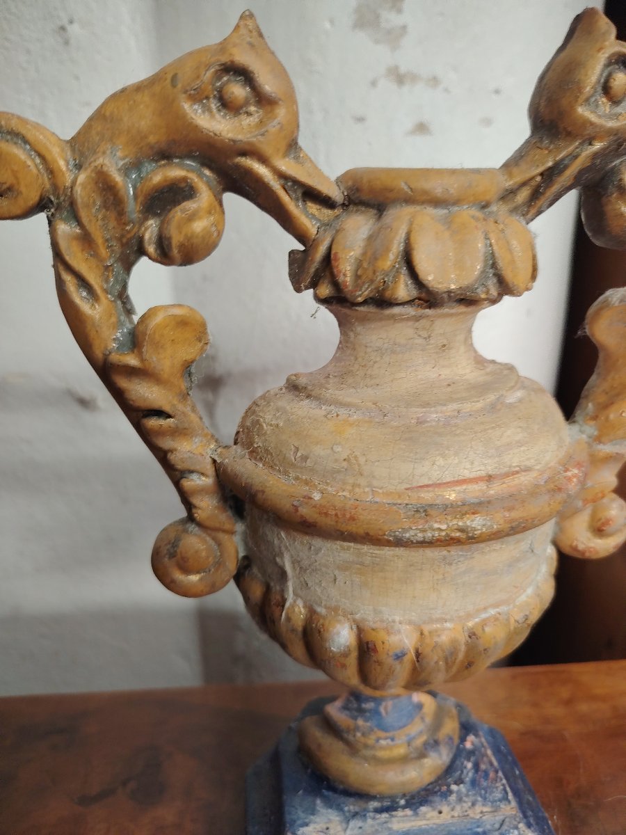 Coppia antiche portapalme barocche in legno  intagliato e laccato.  XVIII secolo. Italia-photo-3