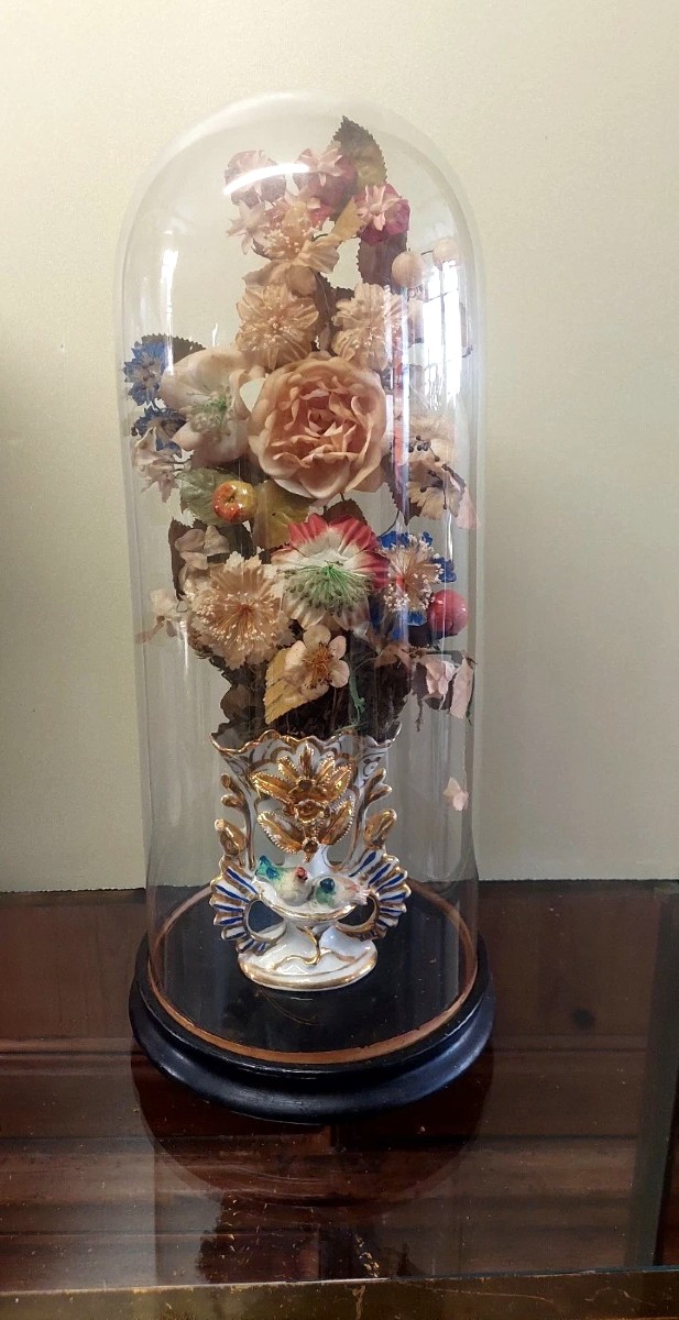 Antica Campana in vetro soffiato vaso in ceramica e fiori di stoffa XIX sec.-photo-2