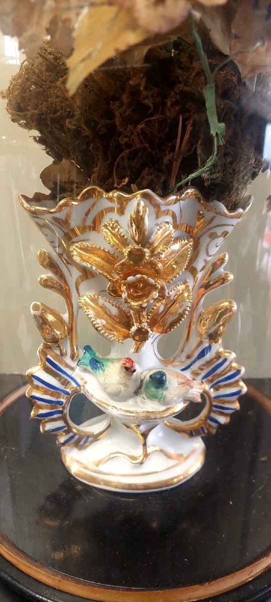 Antica Campana in vetro soffiato vaso in ceramica e fiori di stoffa XIX sec.-photo-3