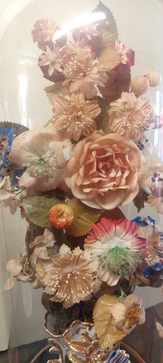 Antica Campana in vetro soffiato vaso in ceramica e fiori di stoffa XIX sec.-photo-1