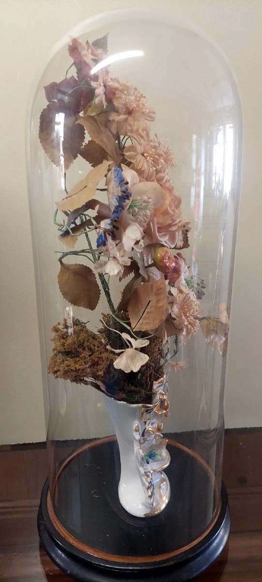 Antica Campana in vetro soffiato vaso in ceramica e fiori di stoffa XIX sec.-photo-2