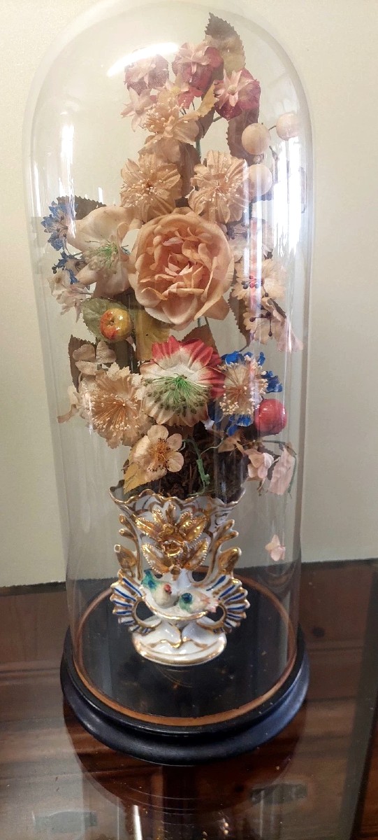 Antica Campana in vetro soffiato vaso in ceramica e fiori di stoffa XIX sec.-photo-4