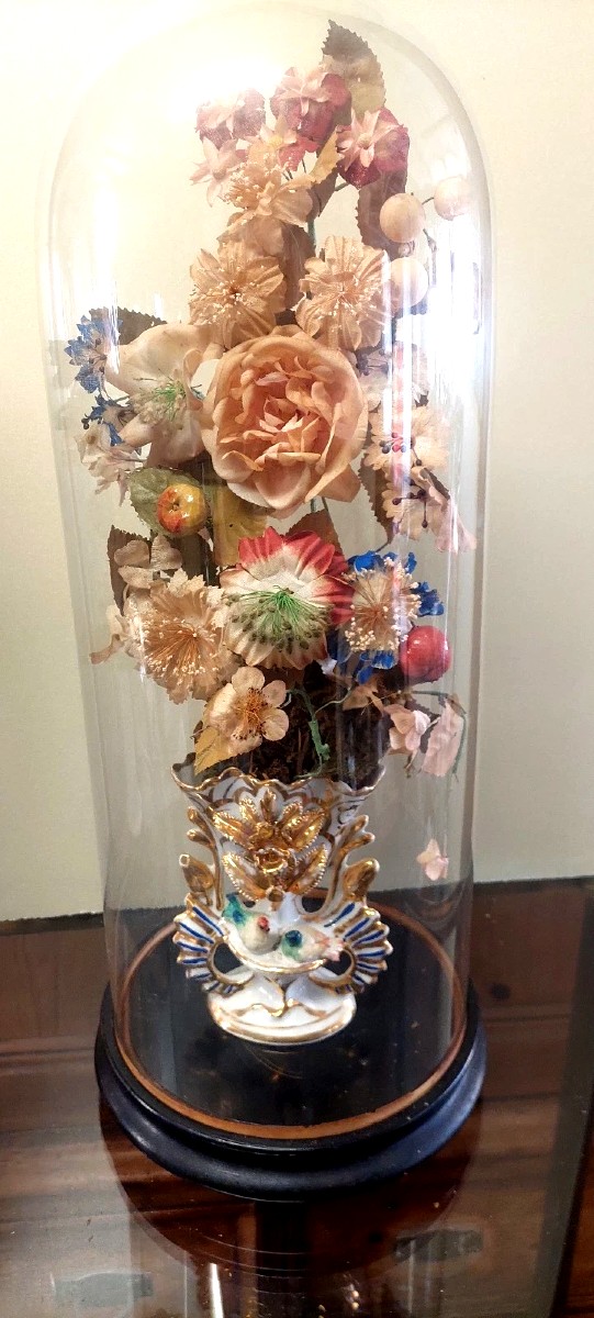 Antica Campana in vetro soffiato vaso in ceramica e fiori di stoffa XIX sec.-photo-5