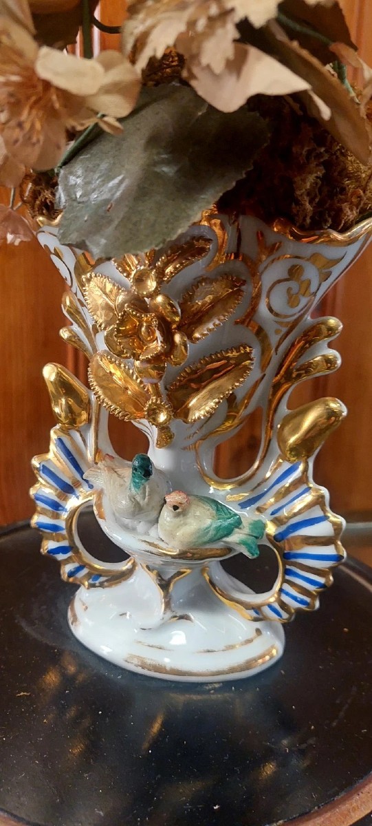 Antica Campana in vetro soffiato vaso in ceramica e fiori di stoffa XIX sec.-photo-2