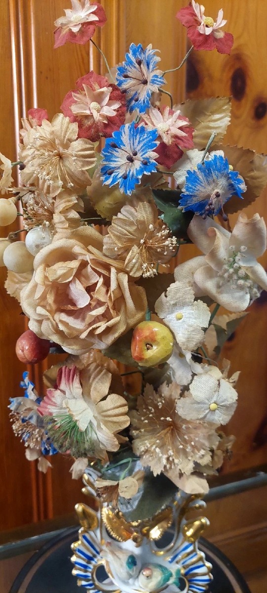 Antica Campana in vetro soffiato vaso in ceramica e fiori di stoffa XIX sec.-photo-3