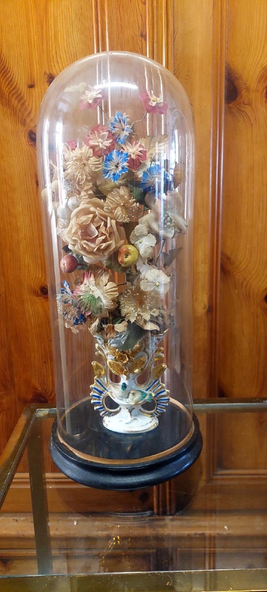 Antica Campana in vetro soffiato vaso in ceramica e fiori di stoffa XIX sec.-photo-4