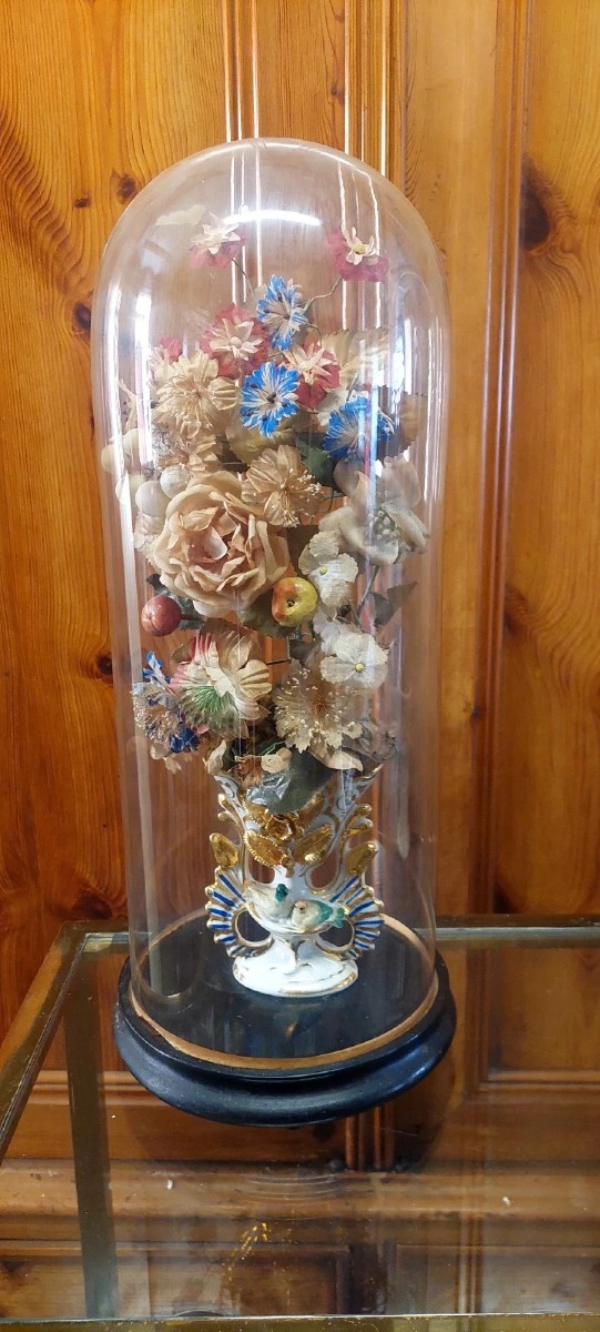 Antica Campana in vetro soffiato vaso in ceramica e fiori di stoffa XIX sec.-photo-1