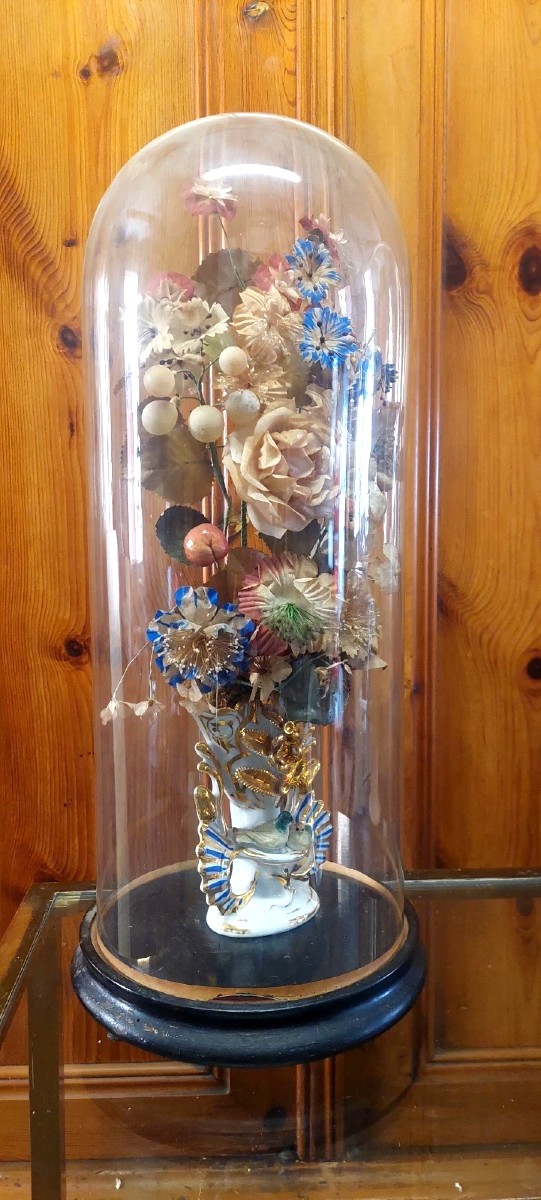 Antica Campana in vetro soffiato vaso in ceramica e fiori di stoffa XIX sec.-photo-4