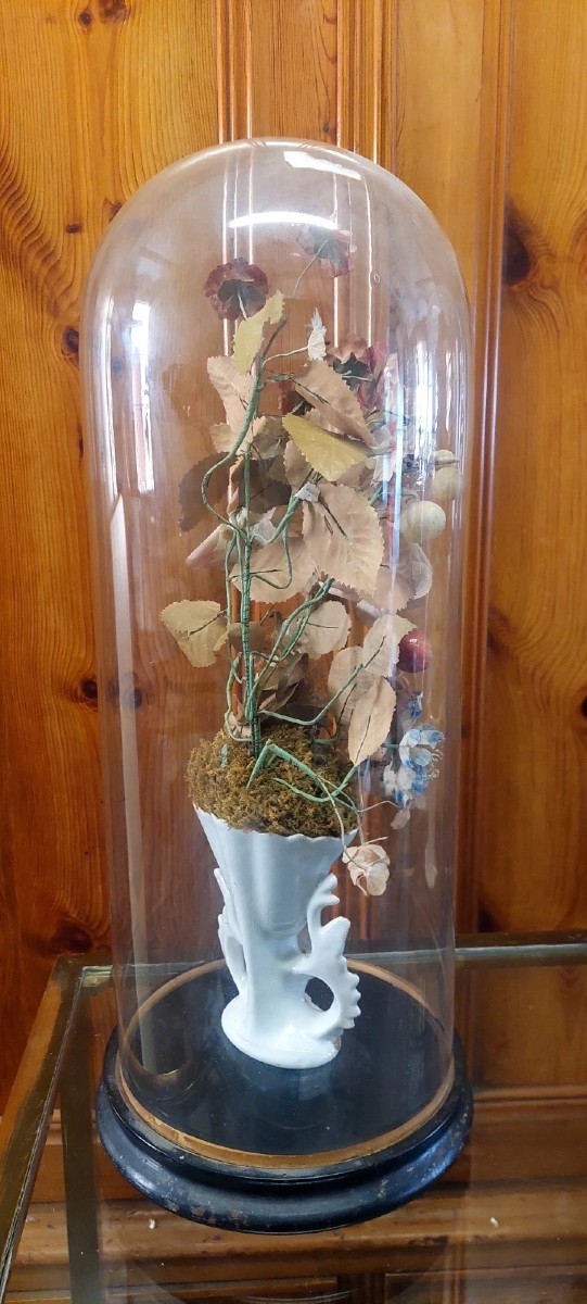 Antica Campana in vetro soffiato vaso in ceramica e fiori di stoffa XIX sec.-photo-5