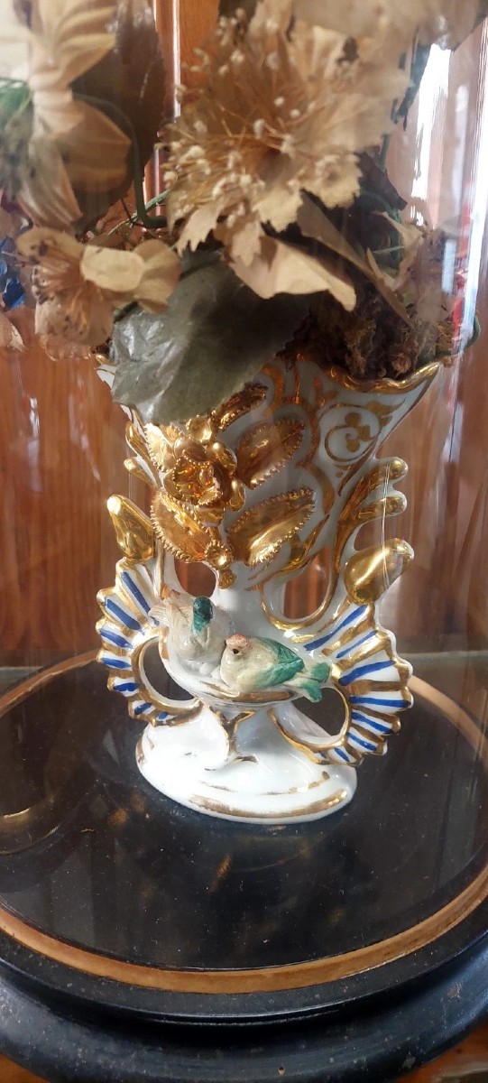 Antica Campana in vetro soffiato vaso in ceramica e fiori di stoffa XIX sec.-photo-6