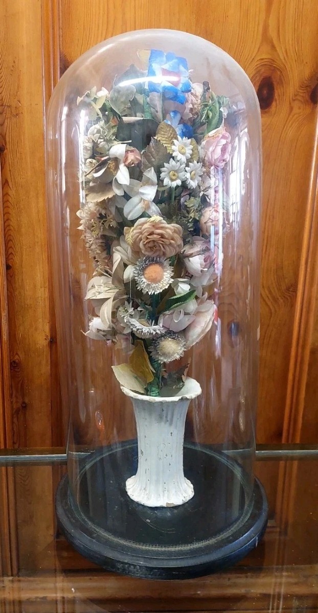 Antica Campana in vetro soffiato vaso in ceramica e fiori di stoffa XIX sec.-photo-2