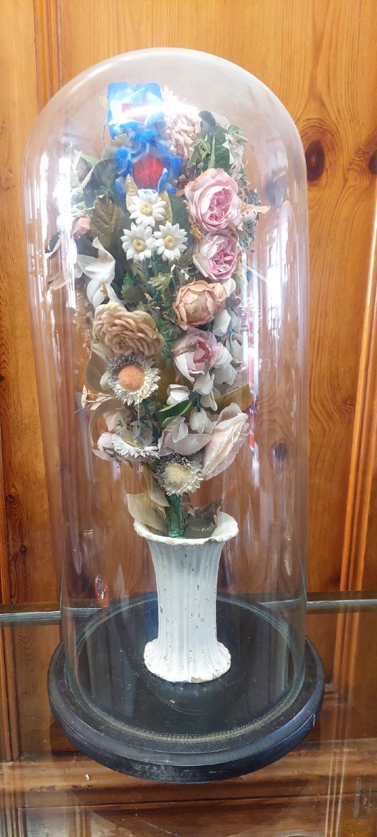 Antica Campana in vetro soffiato vaso in ceramica e fiori di stoffa XIX sec.-photo-3