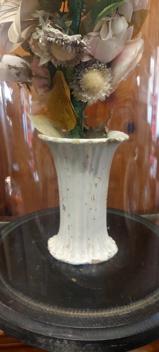 Antica Campana in vetro soffiato vaso in ceramica e fiori di stoffa XIX sec.-photo-4